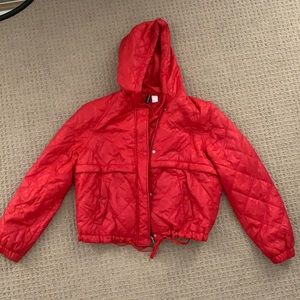 Red puffer jacket